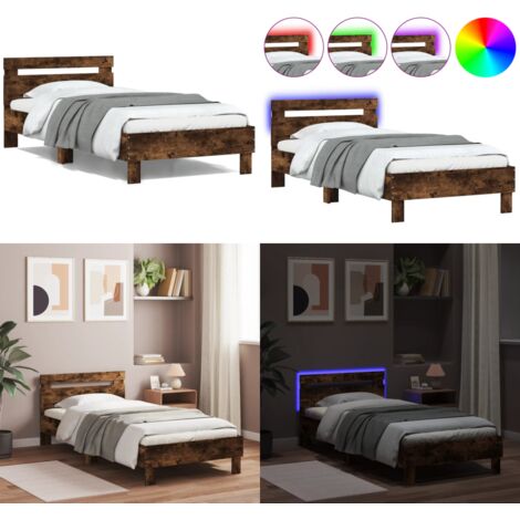 Estructura de cama cabecero luces LED roble ahumado 100x200 cm - Luces LED - Estructura de cama