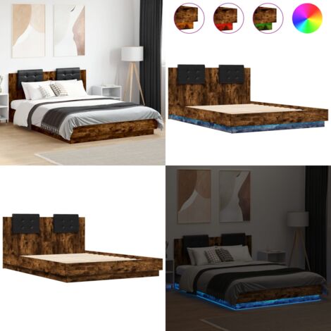 Estructura de cama cabecero luces LED roble ahumado 150x200 cm - Luces LED - Estructura de cama
