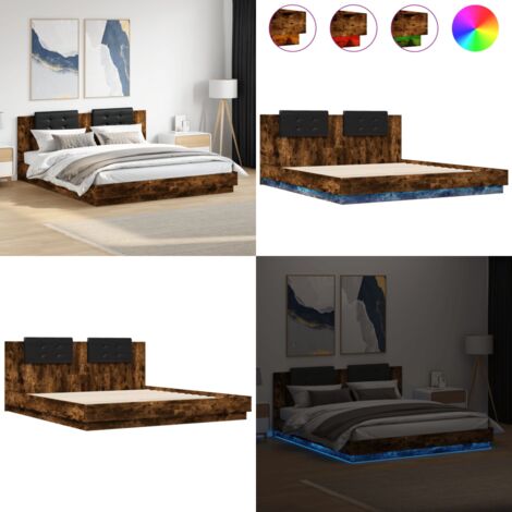 Estructura de cama cabecero luces LED roble ahumado 180x200 cm - Luces LED - Estructura de cama