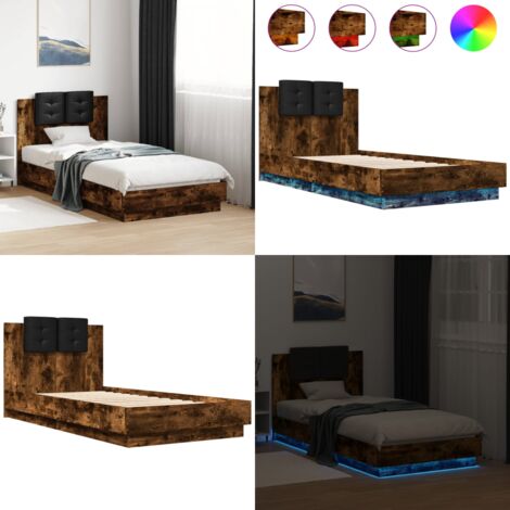 Estructura de cama cabecero luces LED roble ahumado 75x190 cm - Luces LED - Estructura de cama