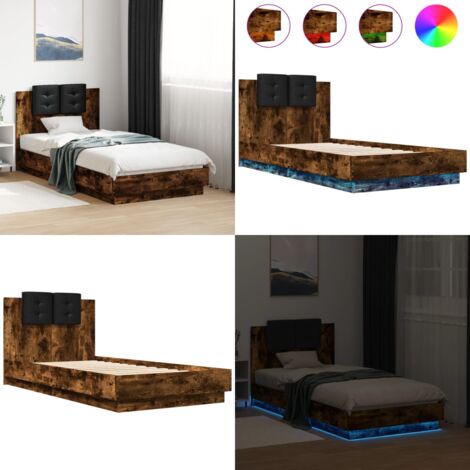 Estructura de cama cabecero luces LED roble ahumado 90x190 cm - Luces LED - Estructura de cama