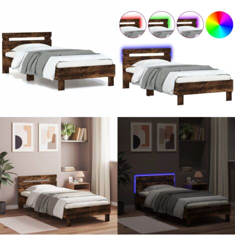 Estructura de cama cabecero luces LED roble ahumado 90x200 cm - Luces LED - Estructura de cama