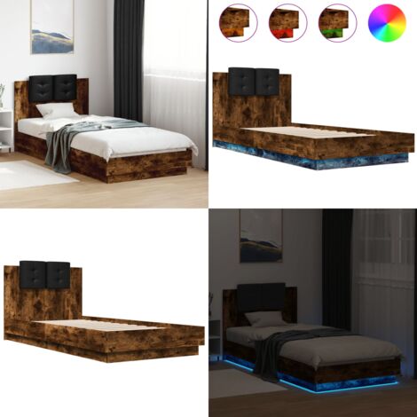 Estructura de cama cabecero luces LED roble ahumado 90x200 cm - Luces LED - Estructura de cama