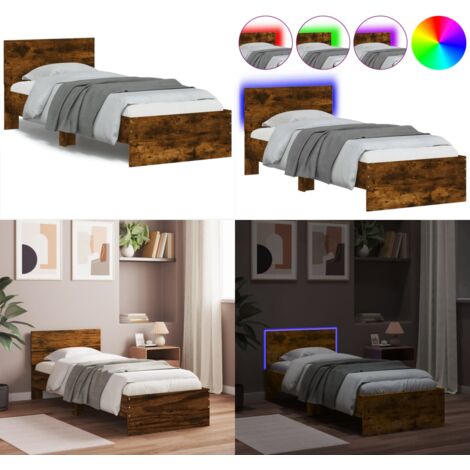 Estructura de cama cabecero luces LED roble ahumado 90x200 cm - Luces LED - Estructura de cama