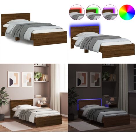 Estructura de cama cabecero luces LED roble marrón 100x200 cm - Luces LED - Estructura de cama