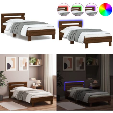 Estructura de cama cabecero luces LED roble marrón 90x200 cm - Luces LED - Estructura de cama