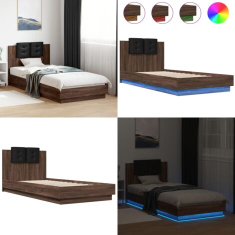 Estructura de cama cabecero luces LED roble marrón 90x200 cm - Luces LED - Estructura de cama