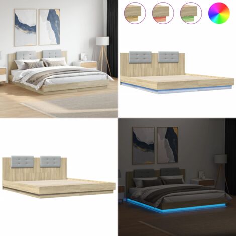 Estructura de cama cabecero luces LED roble Sonoma 200x200 cm - Luces LED - Estructura de cama