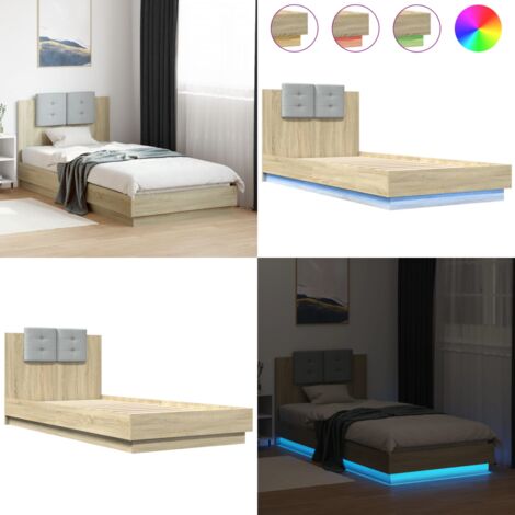 Estructura de cama cabecero luces LED roble Sonoma 90x200 cm - Luces LED - Estructura de cama