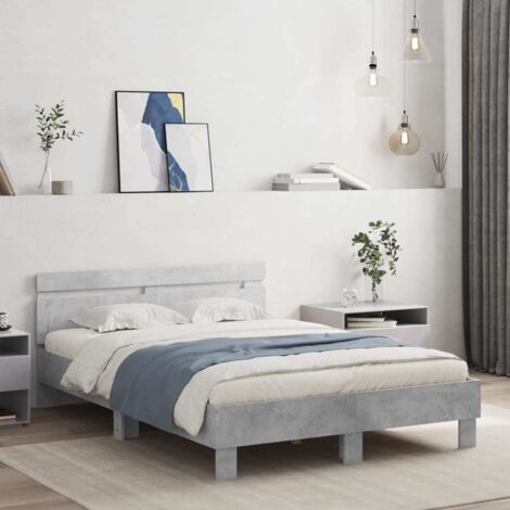 Estructura de cama cabecero y luces LED gris hormigón 135x190cm