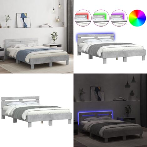 Estructura de cama cabecero y luces LED gris hormigón 135x190cm - Estructura de cama - Cabecero de cama