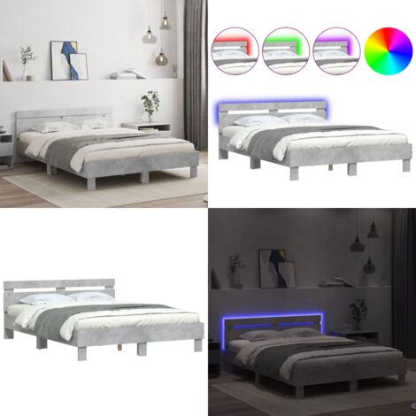 Estructura de cama cabecero y luces LED gris hormigón 150x200cm - Estructura de cama - Cabecero de cama