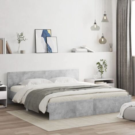 Estructura de cama cabecero y luces LED gris hormigón 180x200cm