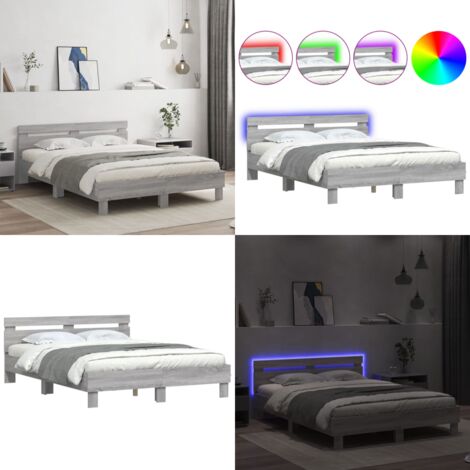 Estructura de cama cabecero y luces LED gris Sonoma 150x200 cm - Estructura de cama - Cabecero de cama