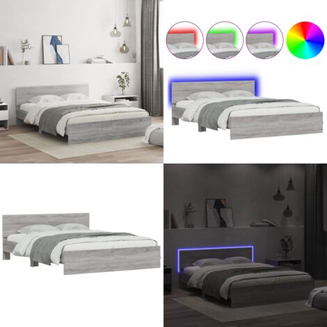 Estructura de cama cabecero y luces LED gris Sonoma 160x200 cm - Estructura de cama - Cabecero de cama