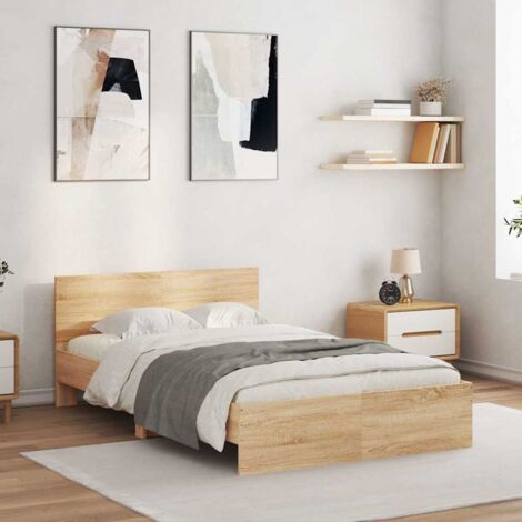 Estructura de cama cabecero y luces LED roble  135x190 cm