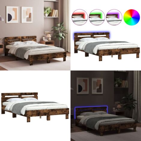Estructura de cama cabecero y luces LED roble ahumado 135x190cm - Estructura de cama - Cabecero de cama