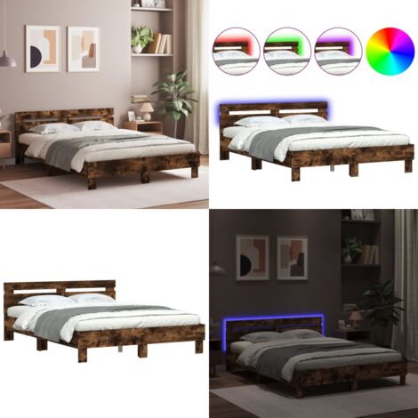 Estructura de cama cabecero y luces LED roble ahumado 140x200cm - Estructura de cama - Cabecero de cama