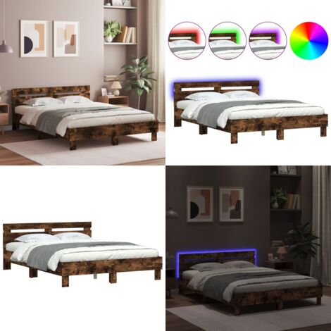 Estructura de cama cabecero y luces LED roble ahumado 150x200cm - Estructura de cama - Cabecero de cama