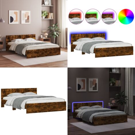 Estructura de cama cabecero y luces LED roble ahumado 160x200cm - Estructura de cama - Cabecero de cama