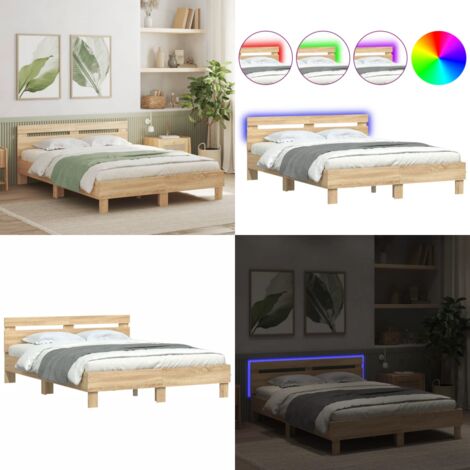 Estructura de cama cabecero y luces LED roble Sonoma 150x200 cm - Estructura de cama - Cabecero de cama