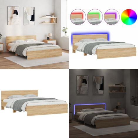 Estructura de cama cabecero y luces LED roble Sonoma 160x200 cm - Estructura de cama - Cabecero de cama
