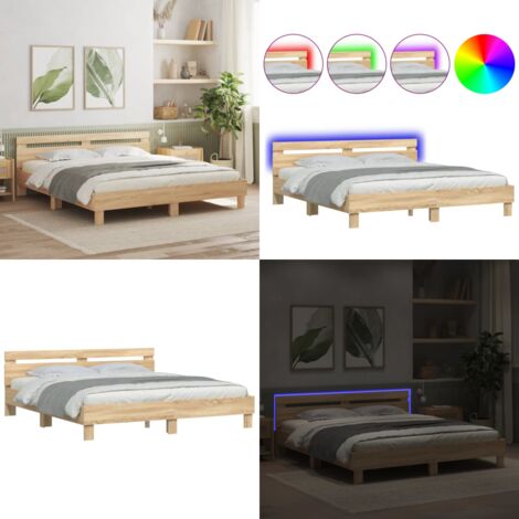 Estructura de cama cabecero y luces LED roble Sonoma 180x200 cm - Estructura de cama - Cabecero de cama