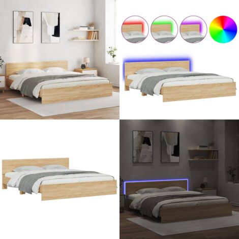 Estructura de cama cabecero y luces LED roble Sonoma 180x200 cm - Estructura de cama - Cabecero de cama