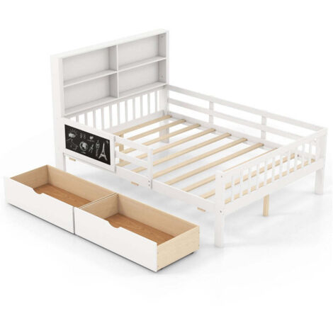 Estructura de cama completa con librería y 2 cajones 203 x 104,5 x 120 cm sólida y segura madera blanca 200010972