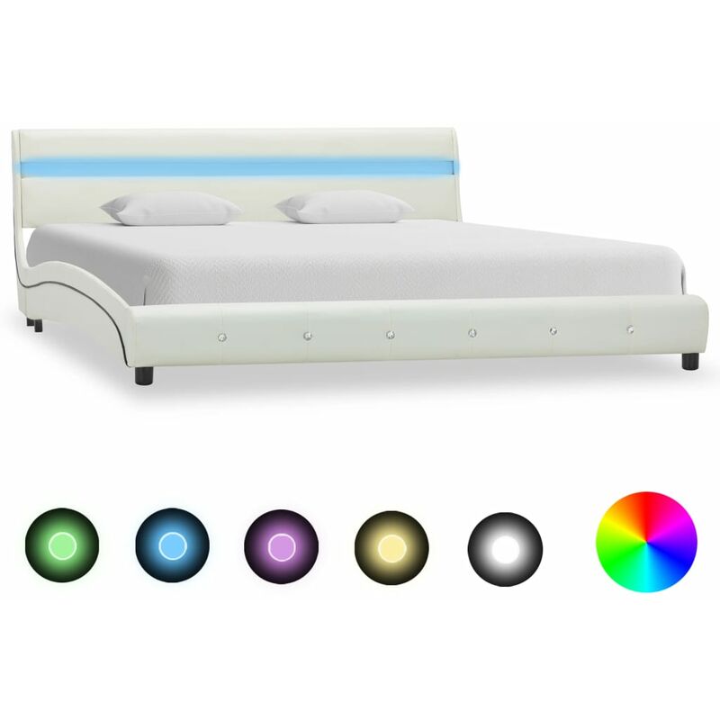 

Estructura de cama con LED de cuero sintético blanco 180x200 cm