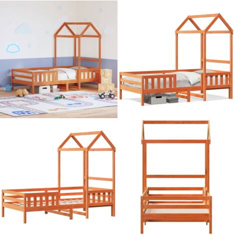 Estructura de cama con techo madera pino marrón cera 100x200 cm - Estructura de cama - Cama infantil