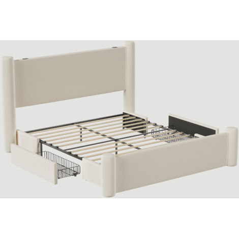 Estructura de cama doble beige de 140 x 200 cm con cabecero tapizado con diseño de columnas 3D, 2 cajones y puerto USB integrado, que aporta comodidad y estilo a tu dormitorio (sin colchón).