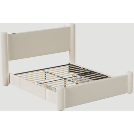 Estructura de cama doble beige de 160 x 200 cm con cabecero tapizado con diseño de columnas 3D, 2 cajones y puerto USB integrado, que aporta comodidad y estilo a tu dormitorio (sin colchón).