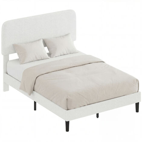 Estructura de cama doble con cabecero tapizado regulable en altura, de tela de piel de cordero, con listones de soporte blancos.