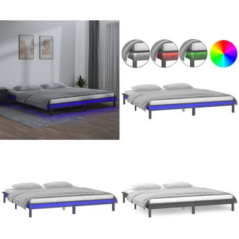 Estructura de cama doble con LED madera maciza gris 120x190 cm - Cama doble - Estructura de cama