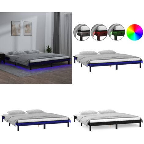 Estructura de cama doble con LED madera maciza negra 120x190 cm - Cama con luz LED - Cama de madera
