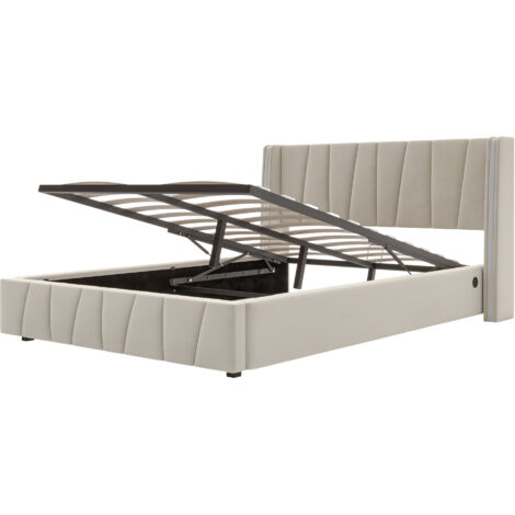 Estructura de cama doble de 160 x 200 cm, estructura de cama tapizada con almacenaje e iluminación de silicona, fácil de montar, apta para adolescentes y adultos.