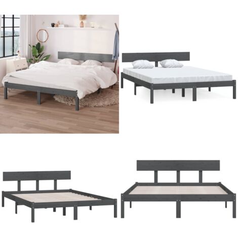 Estructura de cama doble sin colchón madera maciza gris - Estructura de cama - Cama doble