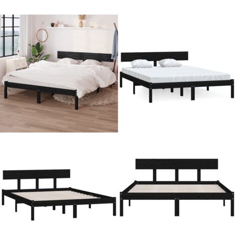 Estructura de cama doble sin colchón madera maciza pino negro - Estructura de cama - Cama doble