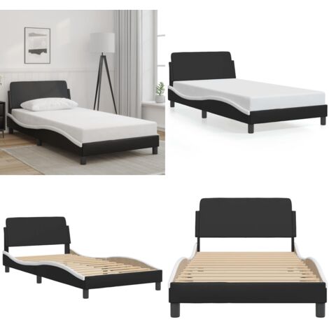 Estructura de cama Dover cuero sintético negro blanco 100x200 cm - Estructura de cama - Cama con cabecero de cuero sintético