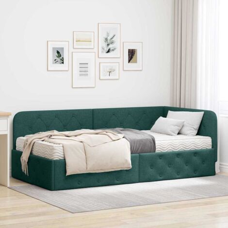 Estructura de cama en esquina Verde oscuro 100 x 200 cm tela
