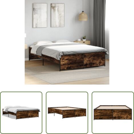 Estructura de cama -  Estructura cama madera ingeniería metal roble ahumado 120x190cm