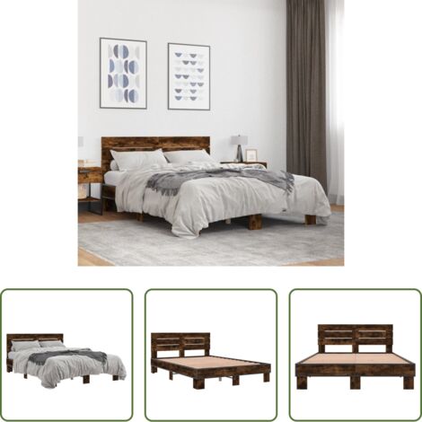 Estructura de cama -  Estructura cama madera ingeniería metal roble ahumado 120x200cm