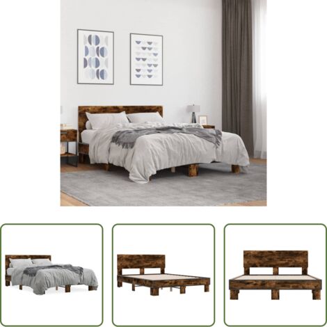 Estructura de cama -  Estructura cama madera ingeniería metal roble ahumado 120x200cm