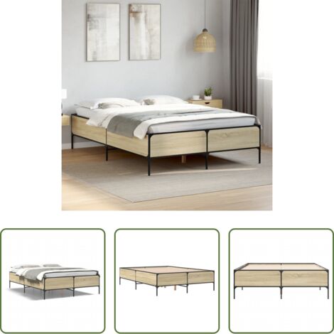 Estructura de cama -  Estructura cama madera ingeniería metal roble Sonoma 135x190 cm