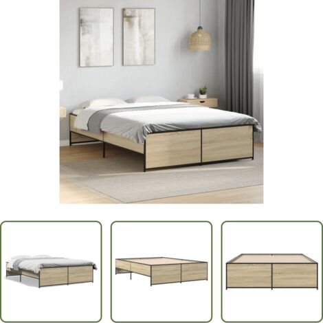Estructura de cama -  Estructura cama madera ingeniería metal roble Sonoma 135x190 cm