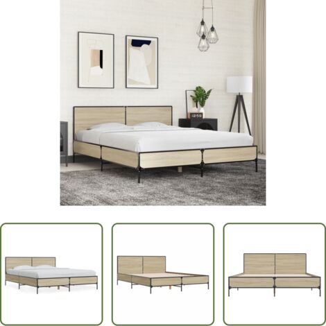 Estructura de cama -  Estructura cama madera ingeniería metal roble Sonoma 160x200 cm