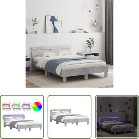 Estructura de cama - Estructura de cama cabecero y luces LED gris hormigón 135x190cm
