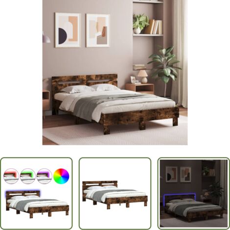Estructura de cama -  Estructura de cama cabecero y luces LED roble ahumado 135x190cm