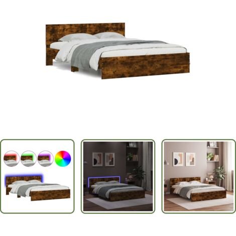 Estructura de cama -  Estructura de cama cabecero y luces LED roble ahumado 150x200cm